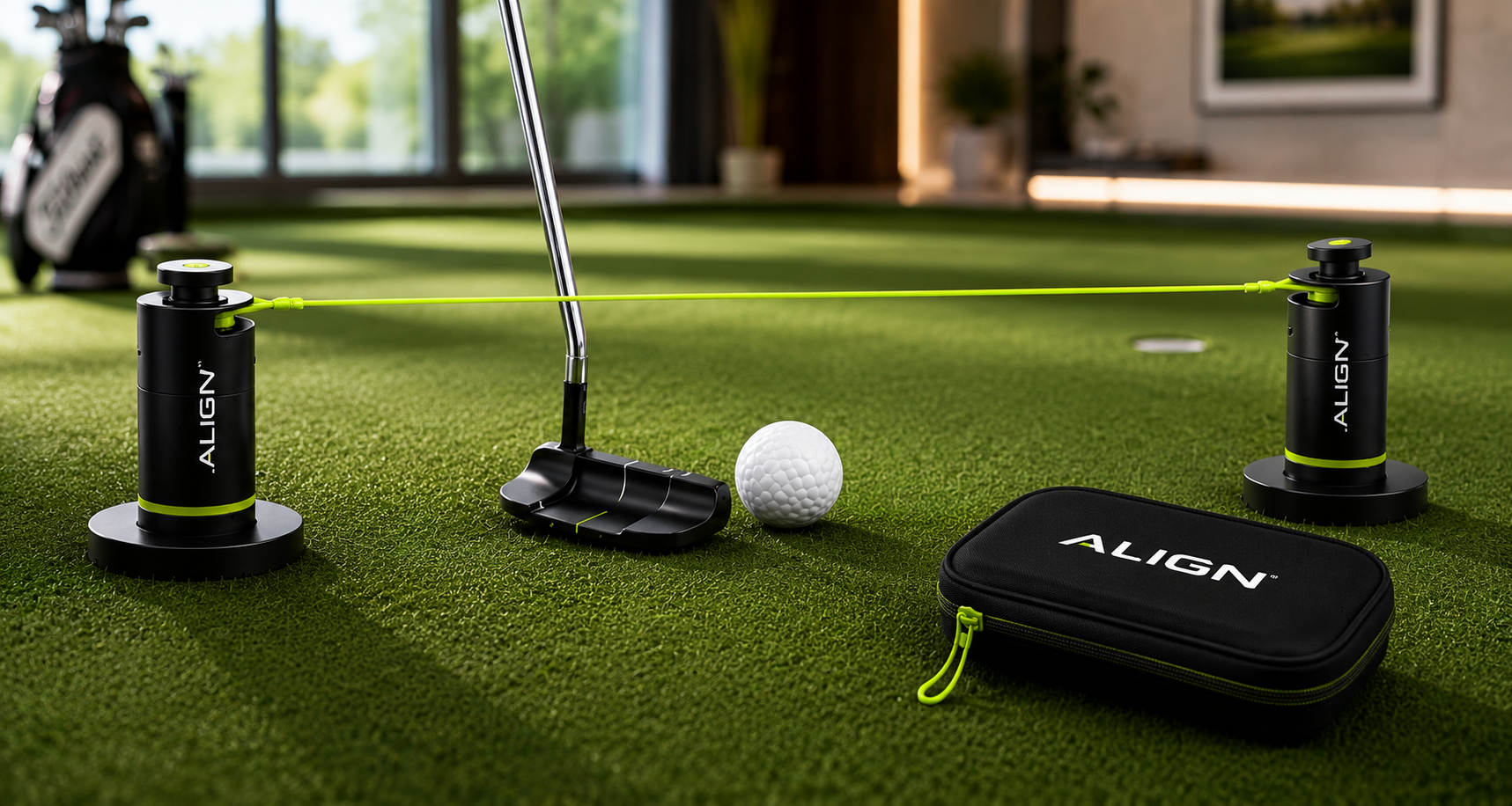 Align Anywhere retractable anchors set up on an indoor putting green